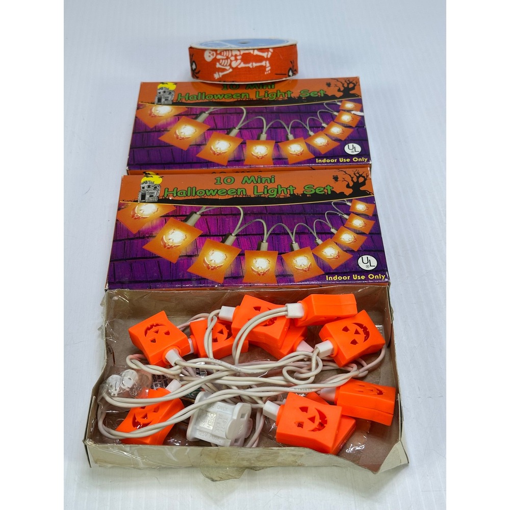 Vintage Halloween Bundle 3 Sets 10 Mini Pumpkin Lights & Offray Skeleton Ribbon